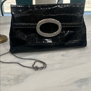 Brighton Black Croc-Embossed Clutch/Crossbody Silver Chain